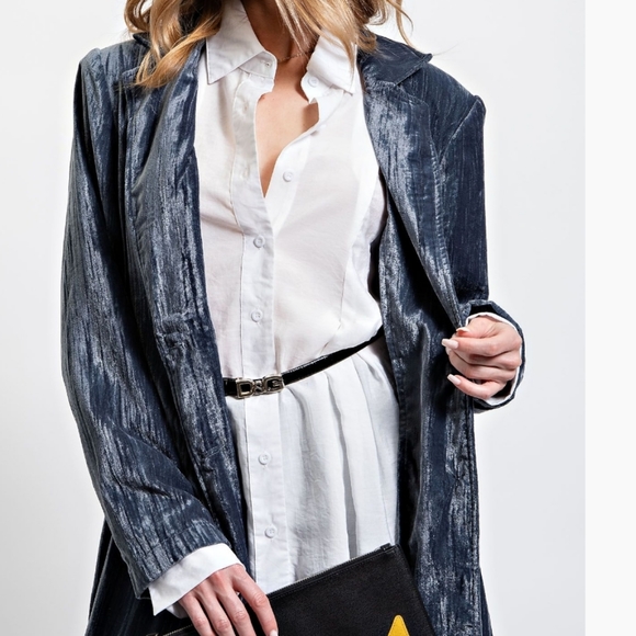 New! Easel Blue Velvet Maxi Coat - Picture 4 of 7